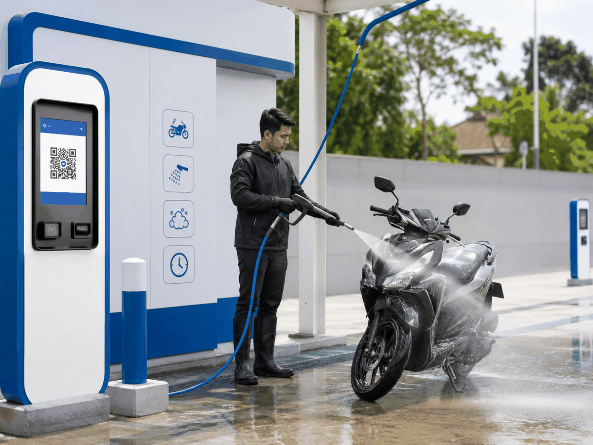Foto dummy pengguna mencuci motor secara mandiri di area self-service Woosh Wash